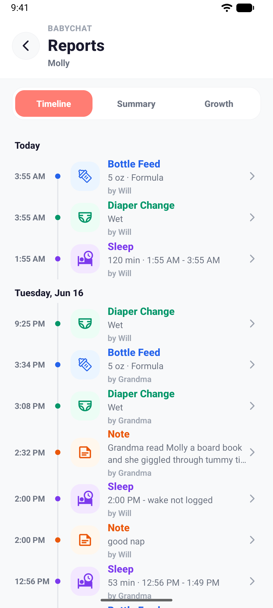 BabyChat reports showing a shared timeline of feeding, sleep and care updates